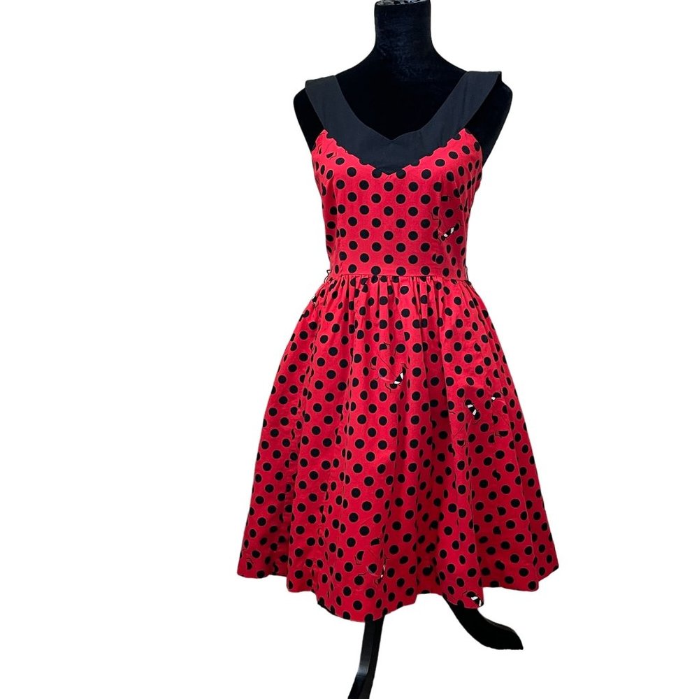 Bea & Dot Modcloth Dress Ladybug Polka Dot Sleevless V Neck Flare Retro Women XS